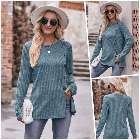 NWT Blue Ribbed Light Tunic Sweater Crew Neck Long Sleeve Asymmetrical Button M - Picture 7 of 8